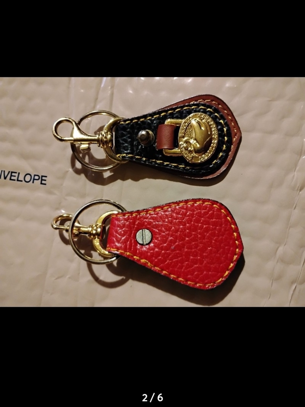 2#Leather Key Fob Pair with Gold Swan Medallions - Red & Black - Picture 3 of 6